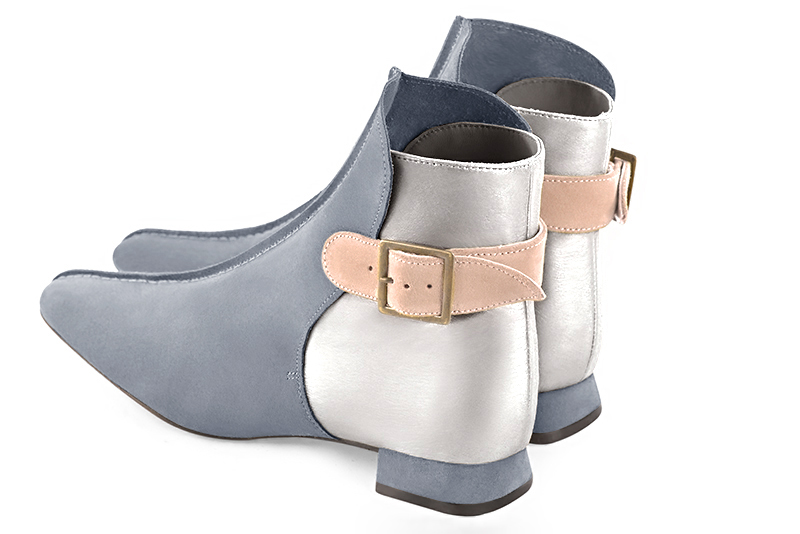 Mouse grey, light silver and powder pink women's ankle boots with buckles at the back. Square toe. Flat flare heels. Rear view - Florence KOOIJMAN